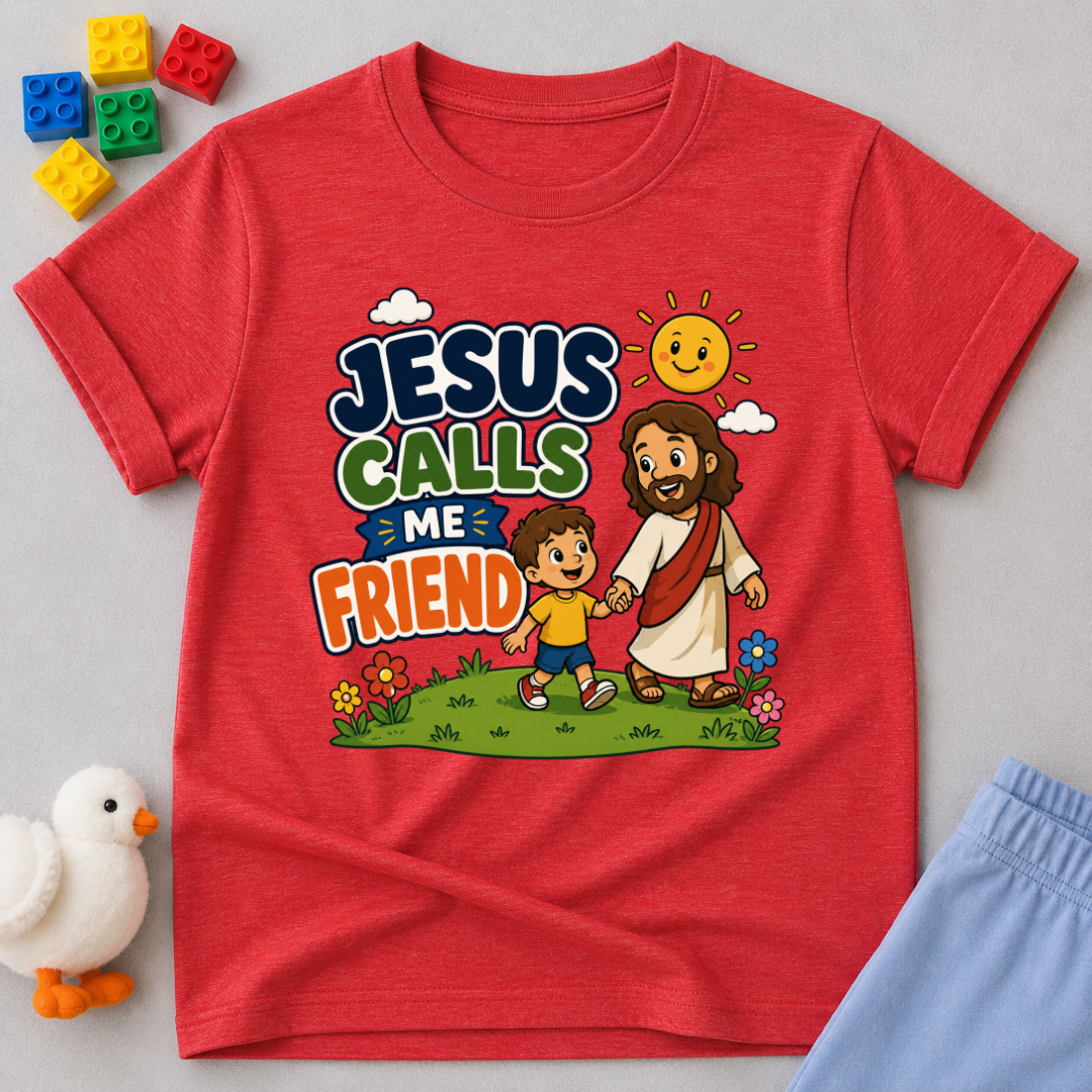 Jesus Calls Me Friend Christian kids shirt in red featuring Jesus walking beside a happy child
