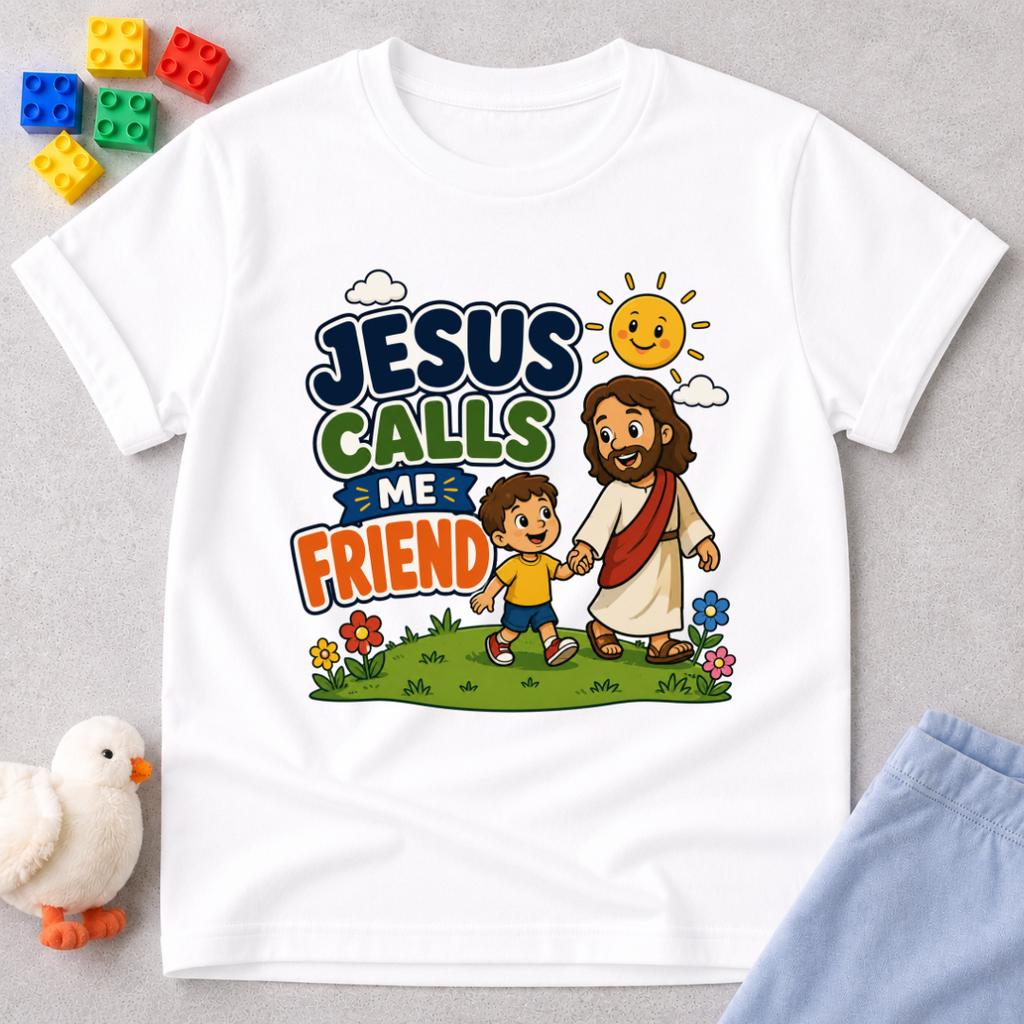 Jesus Calls Me Friend Christian kids shirt in white featuring Jesus walking beside a happy child
