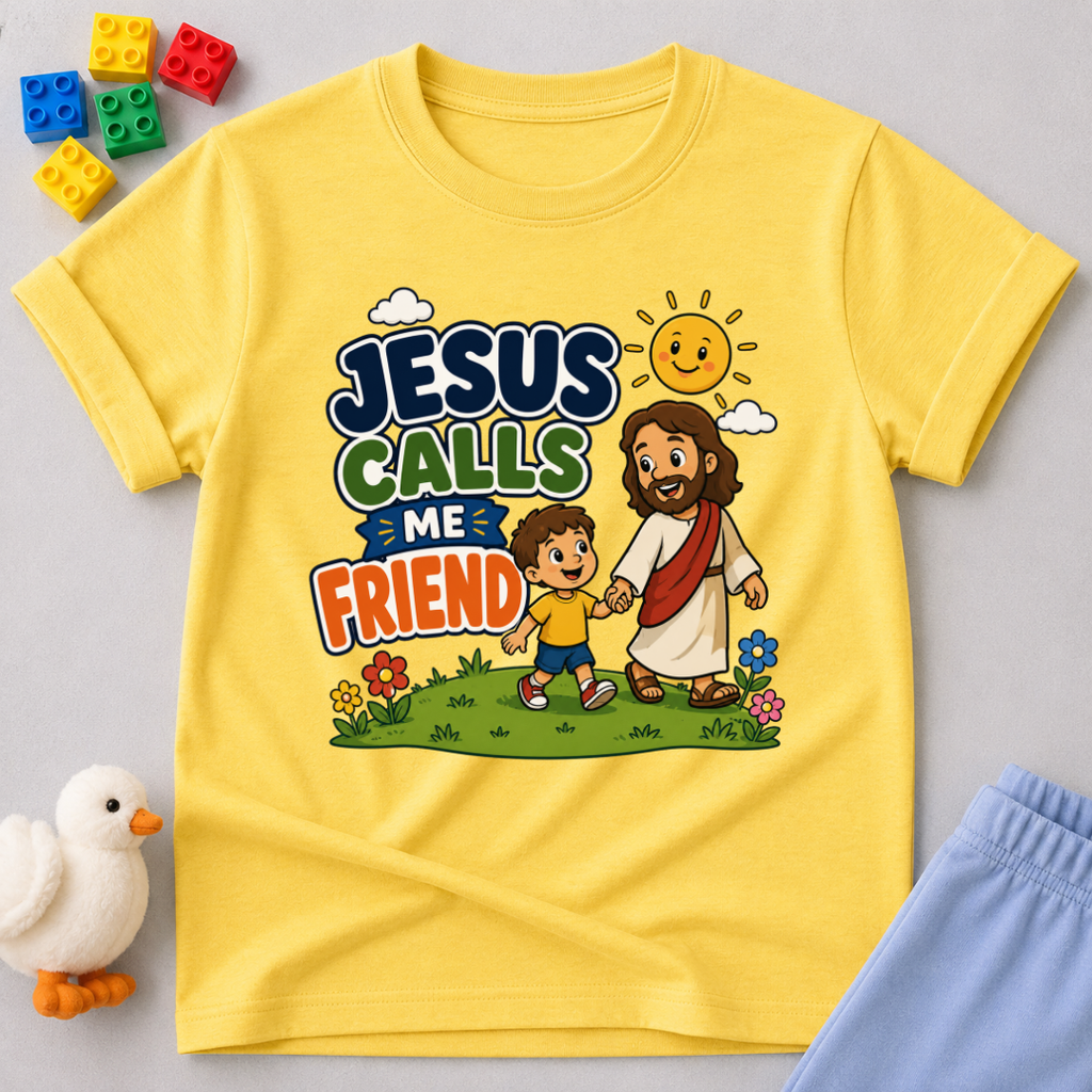 Jesus Calls Me Friend Christian kids shirt in yellow featuring Jesus walking beside a happy child
