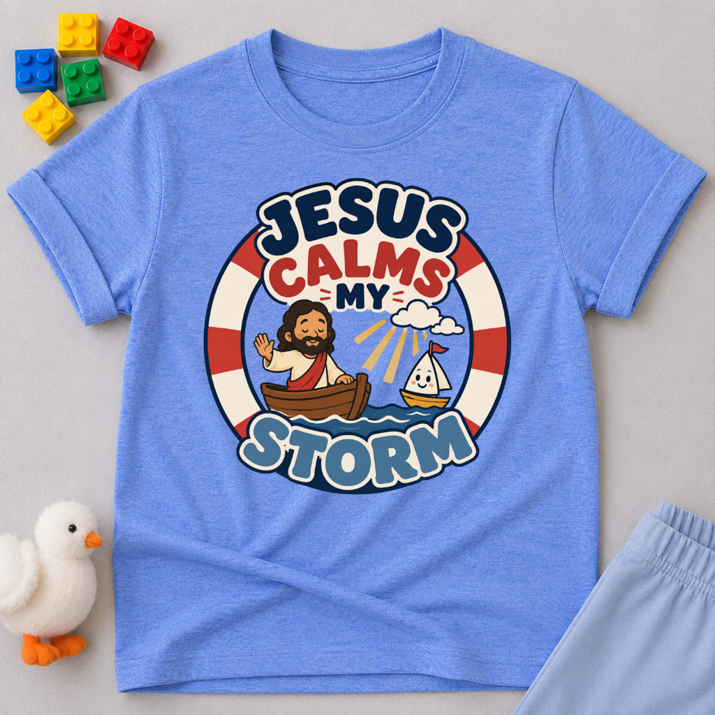 Jesus Calms My Storm Christian kids shirt in blue featuring Jesus calming the sea from a boat