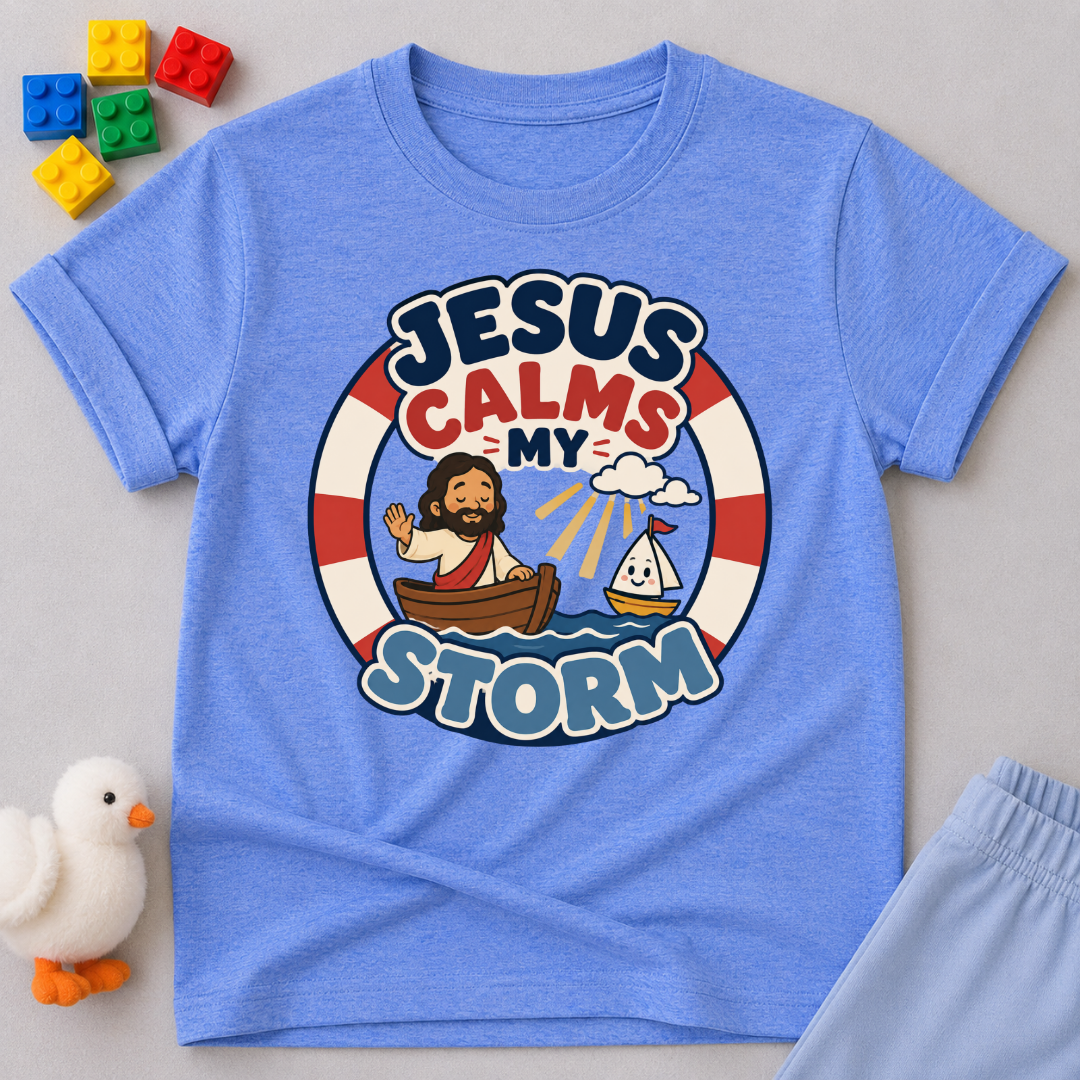 Jesus Calms My Storm Christian kids shirt in blue featuring Jesus calming the sea from a boat
