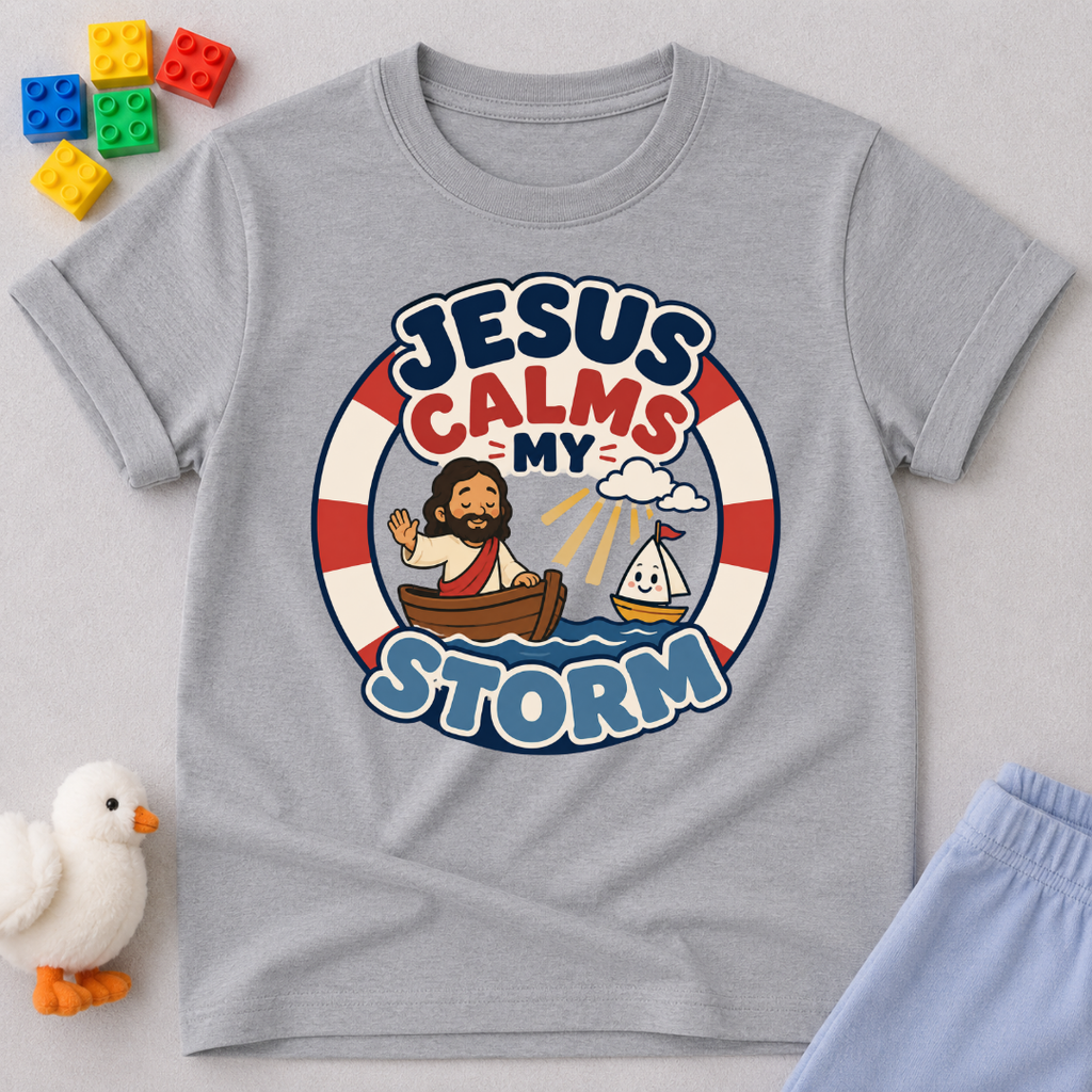 Jesus Calms My Storm Christian kids shirt in blue featuring Jesus calming the sea from a boat