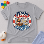 Jesus Calms My Storm Christian kids shirt in blue featuring Jesus calming the sea from a boat