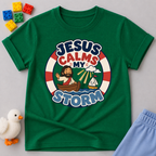 Jesus Calms My Storm Christian kids shirt in green featuring Jesus calming the sea from a boat
