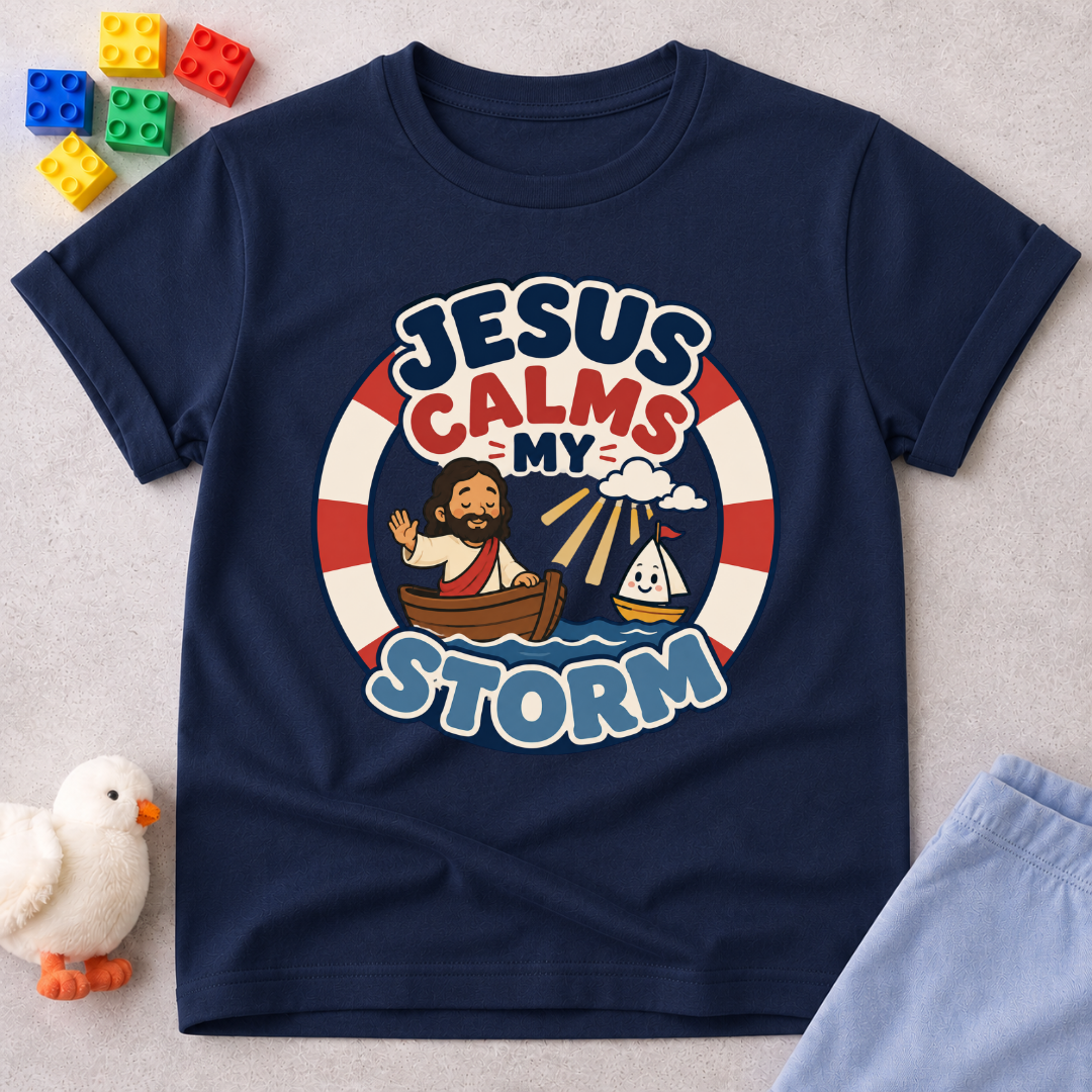 Jesus Calms My Storm Christian kids shirt in navy featuring Jesus calming the sea from a boat