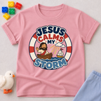 Jesus Calms My Storm Christian kids shirt in pink featuring Jesus calming the sea from a boat