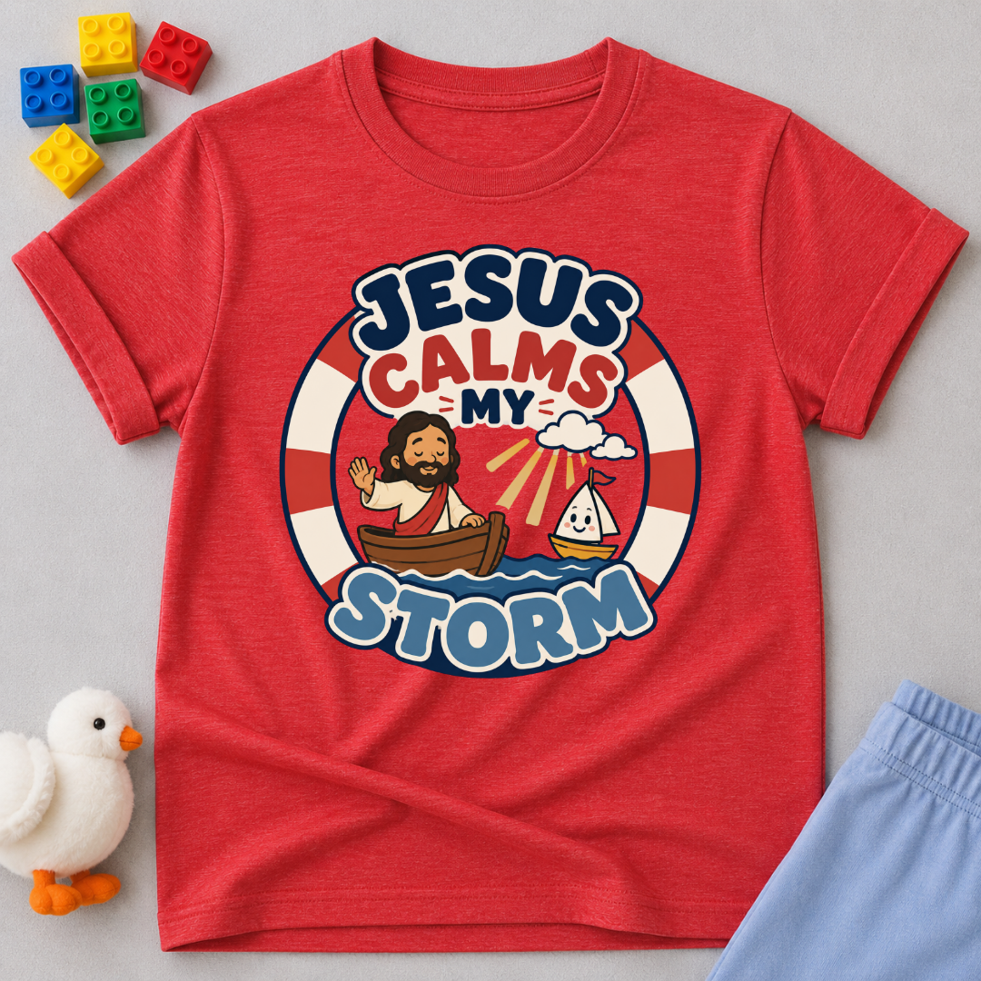 Jesus Calms My Storm Christian kids shirt in red featuring Jesus calming the sea from a boat