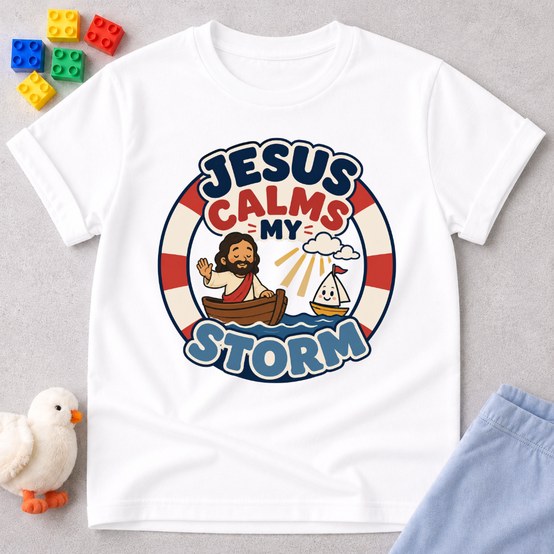Jesus Calms My Storm Christian kids shirt in white featuring Jesus calming the sea from a boat