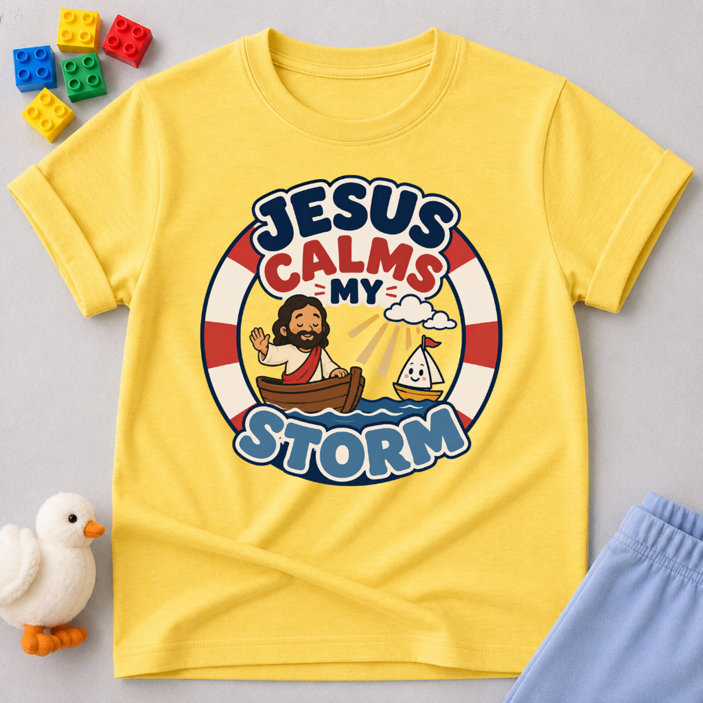 Jesus Calms My Storm Christian kids shirt in yellow featuring Jesus calming the sea from a boat