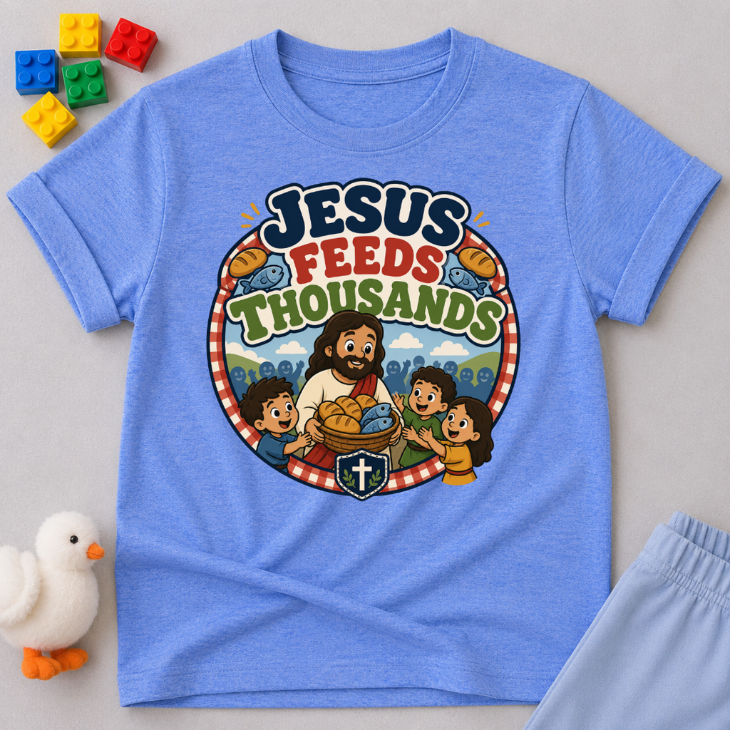 Jesus Feeds Thousands Christian kids shirt in blue featuring Jesus and the miracle of feeding the crowd
