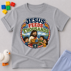 Jesus Feeds Thousands Christian kids shirt in gray featuring Jesus and the miracle of feeding the crowd
