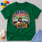 Jesus Feeds Thousands Christian kids shirt in green featuring Jesus and the miracle of feeding the crowd
