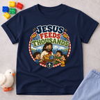 Jesus Feeds Thousands Christian kids shirt in navy featuring Jesus and the miracle of feeding the crowd
