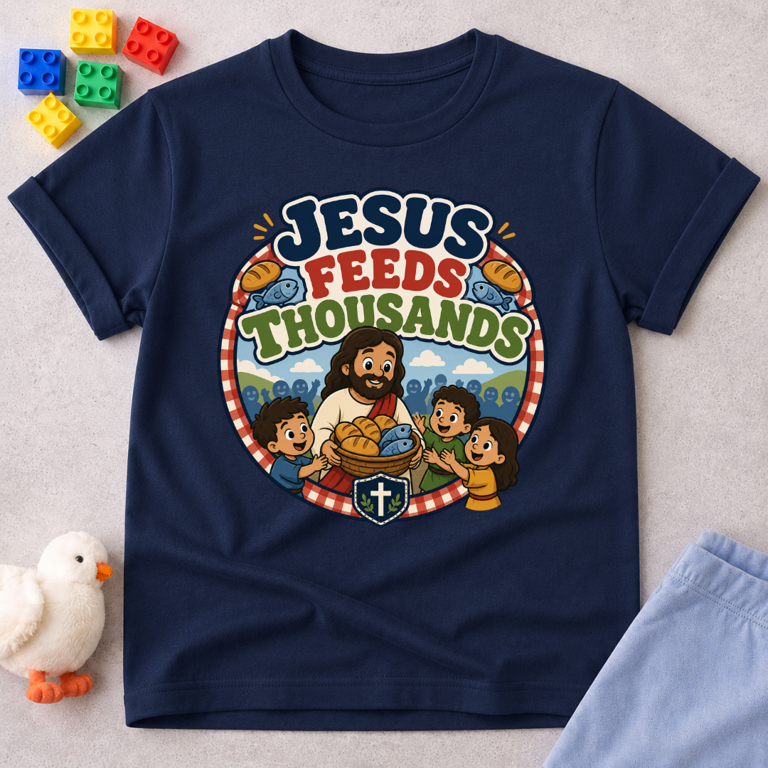 Jesus Feeds Thousands Christian kids shirt in navy featuring Jesus and the miracle of feeding the crowd

