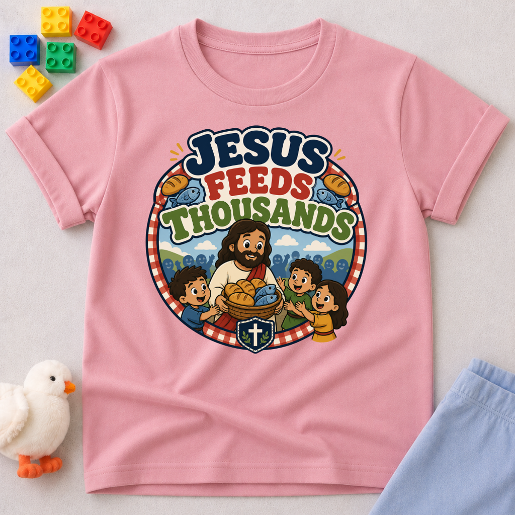 Jesus Feeds Thousands Christian kids shirt in pink featuring Jesus and the miracle of feeding the crowd
