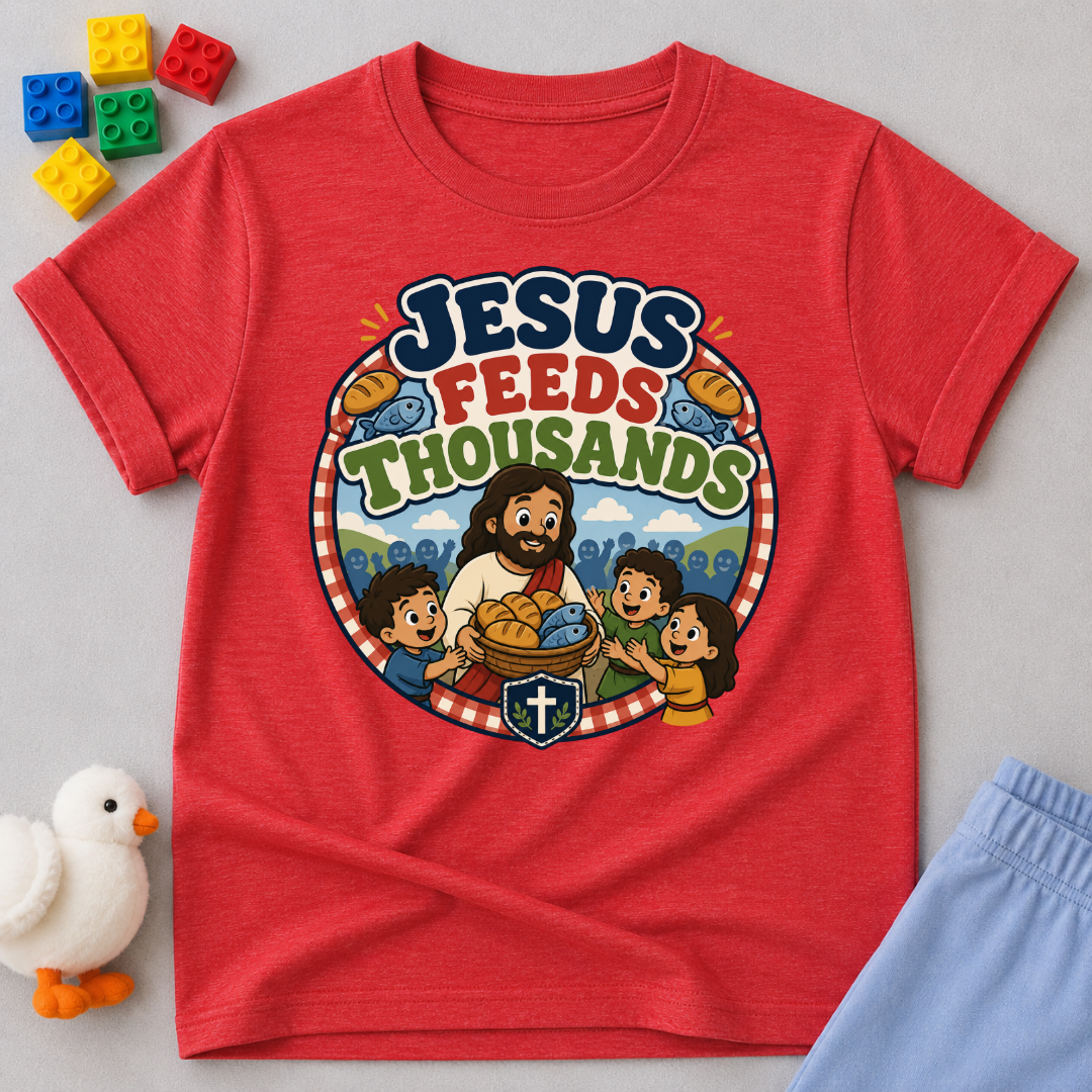 Jesus Feeds Thousands Christian kids shirt in red featuring Jesus and the miracle of feeding the crowd
