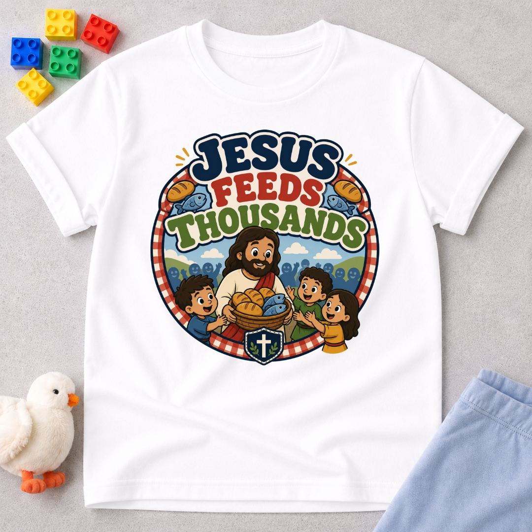 Jesus Feeds Thousands Christian kids shirt in white featuring Jesus and the miracle of feeding the crowd
