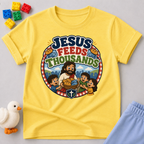 Jesus Feeds Thousands Christian kids shirt in yellow featuring Jesus and the miracle of feeding the crowd

