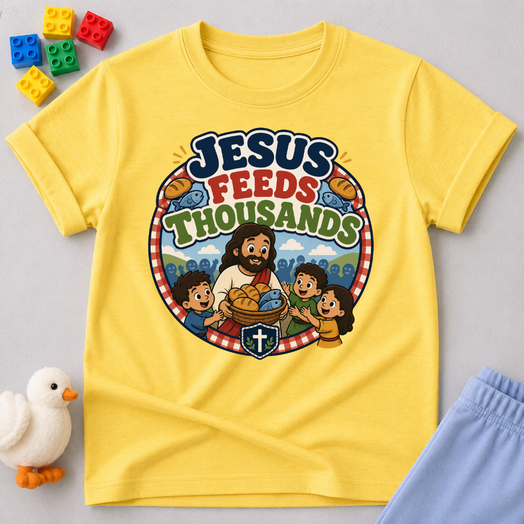 Jesus Feeds Thousands Christian kids shirt in yellow featuring Jesus and the miracle of feeding the crowd
