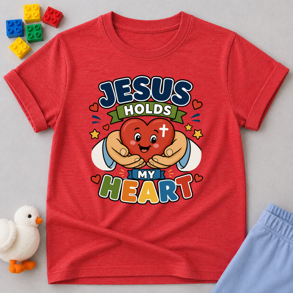 Jesus Holds My Heart Christian kids shirt in red featuring a smiling heart with faith-inspired typography
