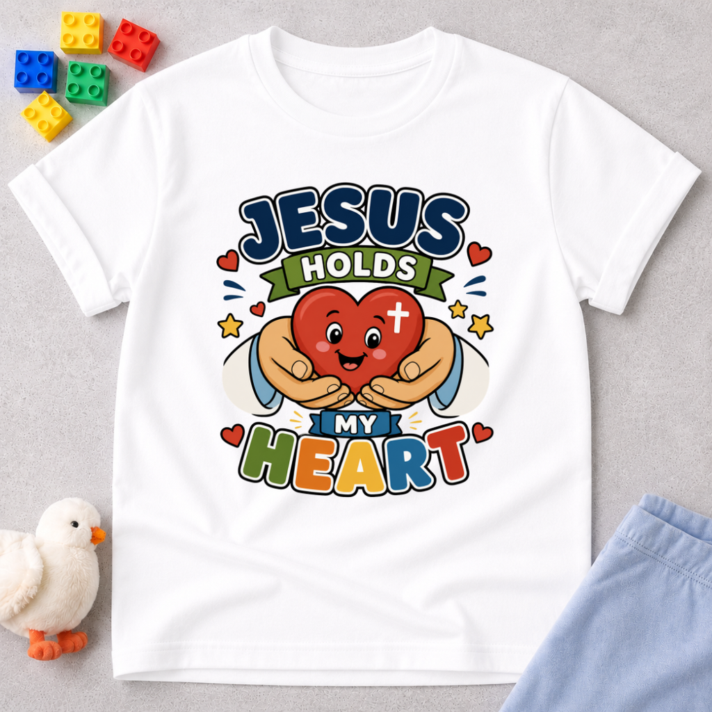 Jesus Holds My Heart Christian kids shirt in white featuring a smiling heart with faith-inspired typography
