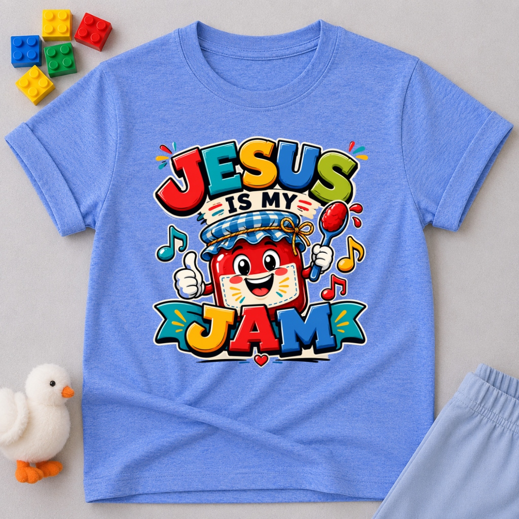 Jesus Is My Berry Jam Christian kids shirt in blue featuring a smiling jam jar with a cross label

