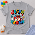 Jesus Is My Berry Jam Christian kids shirt in gray featuring a smiling jam jar with a cross label
