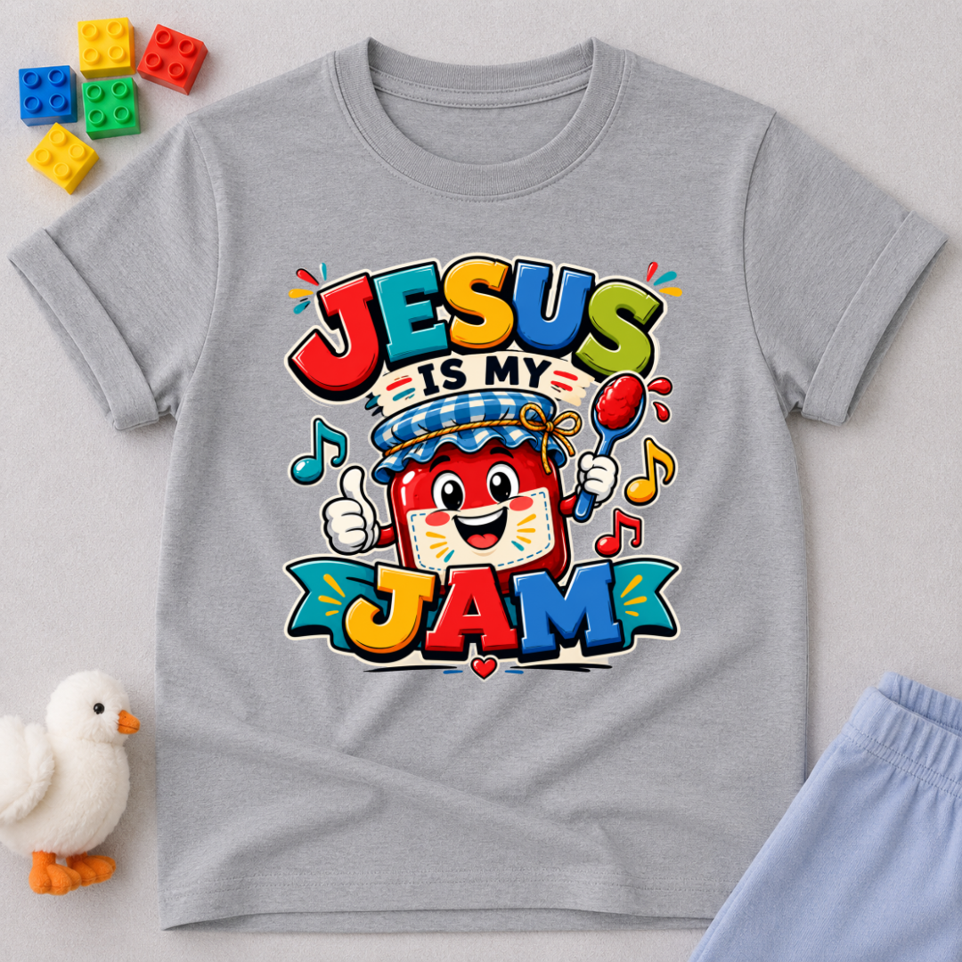Jesus Is My Berry Jam Christian kids shirt in gray featuring a smiling jam jar with a cross label
