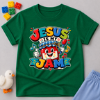 Jesus Is My Berry Jam Christian kids shirt in green featuring a smiling jam jar with a cross label
