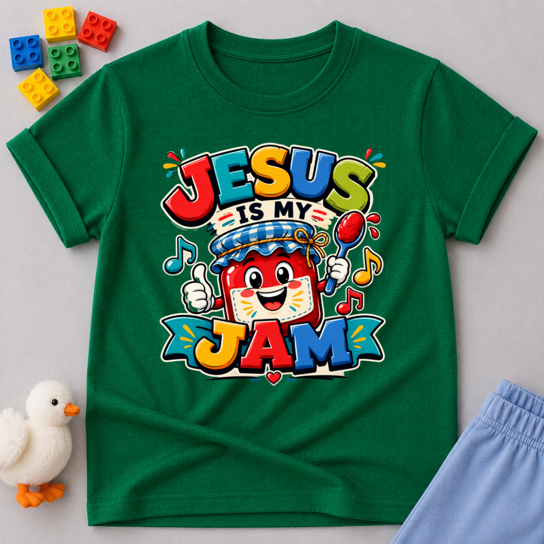 Jesus Is My Berry Jam Christian kids shirt in green featuring a smiling jam jar with a cross label

