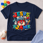 Jesus Is My Berry Jam Christian kids shirt in navy featuring a smiling jam jar with a cross label
