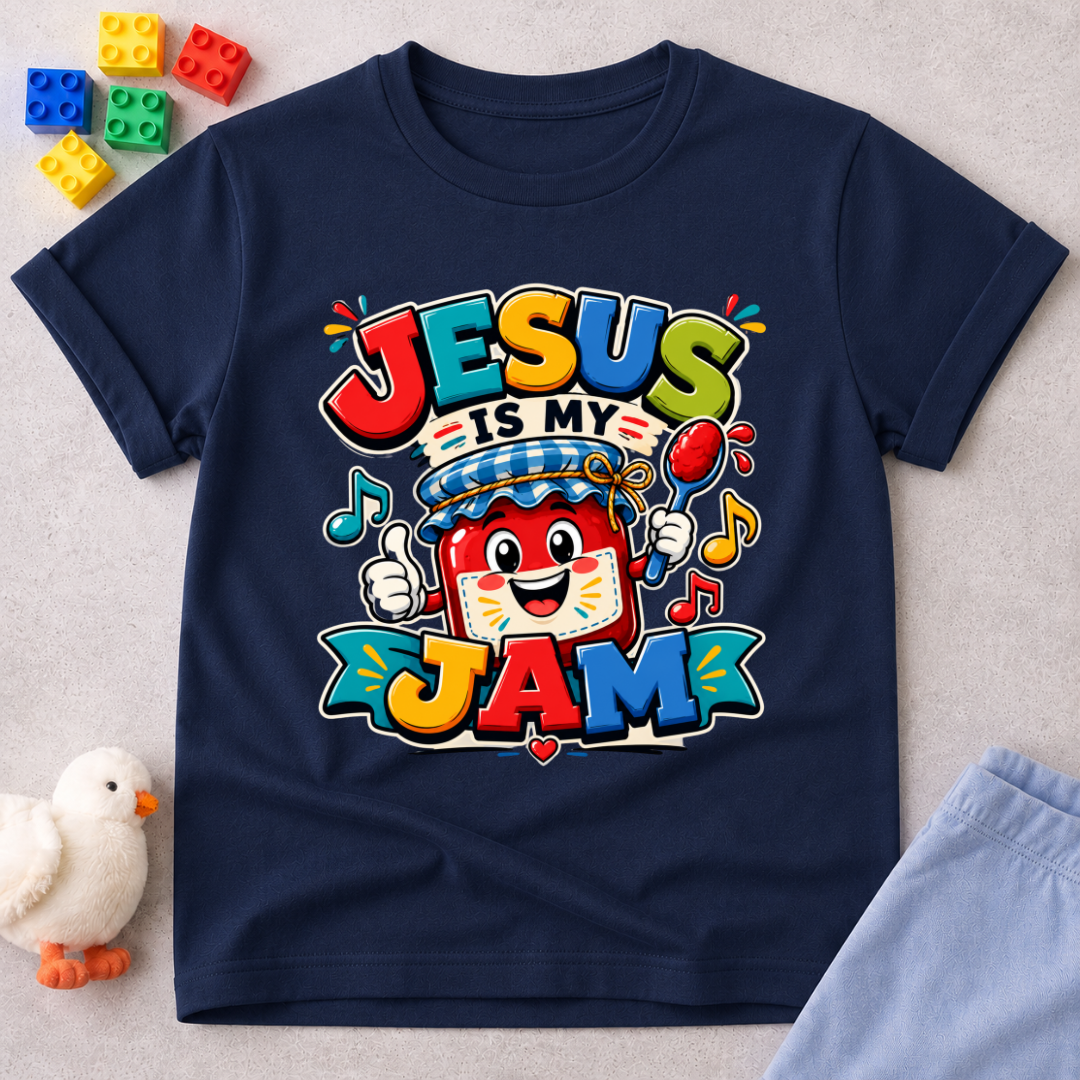 Jesus Is My Berry Jam Christian kids shirt in navy featuring a smiling jam jar with a cross label
