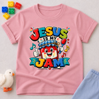 Jesus Is My Berry Jam Christian kids shirt in pink featuring a smiling jam jar with a cross label
