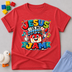 Jesus Is My Berry Jam Christian kids shirt in red featuring a smiling jam jar with a cross label

