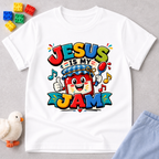 Jesus Is My Berry Jam Christian kids shirt in white featuring a smiling jam jar with a cross label
