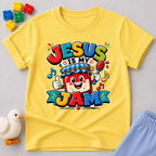 Jesus Is My Berry Jam Christian kids shirt in yellow featuring a smiling jam jar with a cross label

