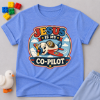 Jesus Is My Co-Pilot Christian kids shirt in blue featuring an airplane with Jesus guiding the journey
