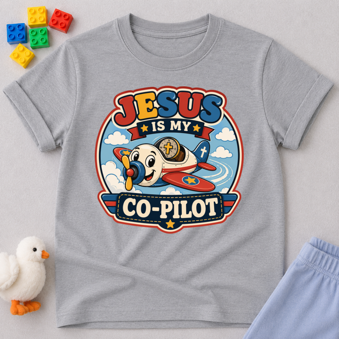 Jesus Is My Co-Pilot Christian kids shirt in gray featuring an airplane with Jesus guiding the journey
