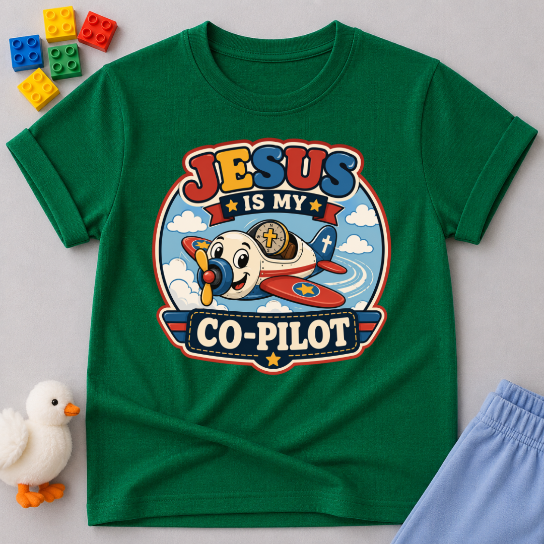 Jesus Is My Co-Pilot Christian kids shirt in green featuring an airplane with Jesus guiding the journey
