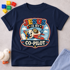 Jesus Is My Co-Pilot Christian kids shirt in navy featuring an airplane with Jesus guiding the journey
