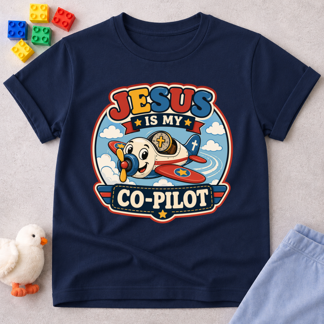 Jesus Is My Co-Pilot Christian kids shirt in navy featuring an airplane with Jesus guiding the journey
