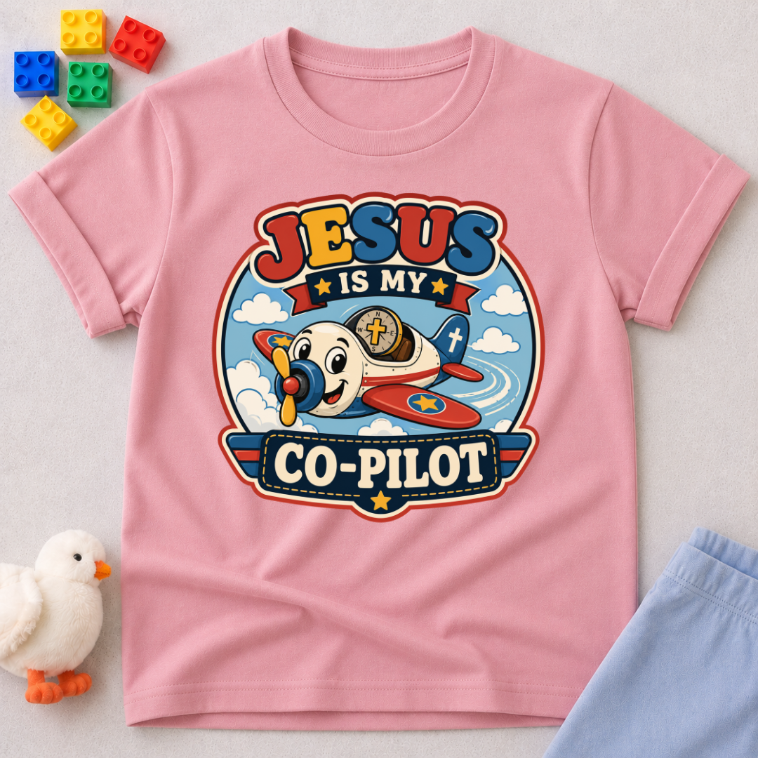 Jesus Is My Co-Pilot Christian kids shirt in pink featuring an airplane with Jesus guiding the journey
