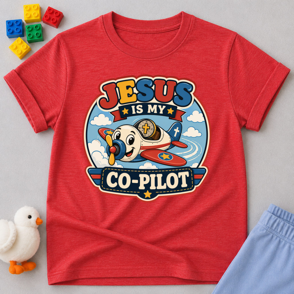 Jesus Is My Co-Pilot Christian kids shirt in red featuring an airplane with Jesus guiding the journey
