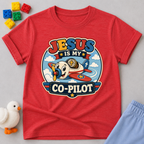 Jesus Is My Co-Pilot Christian kids shirt in red featuring an airplane with Jesus guiding the journey
