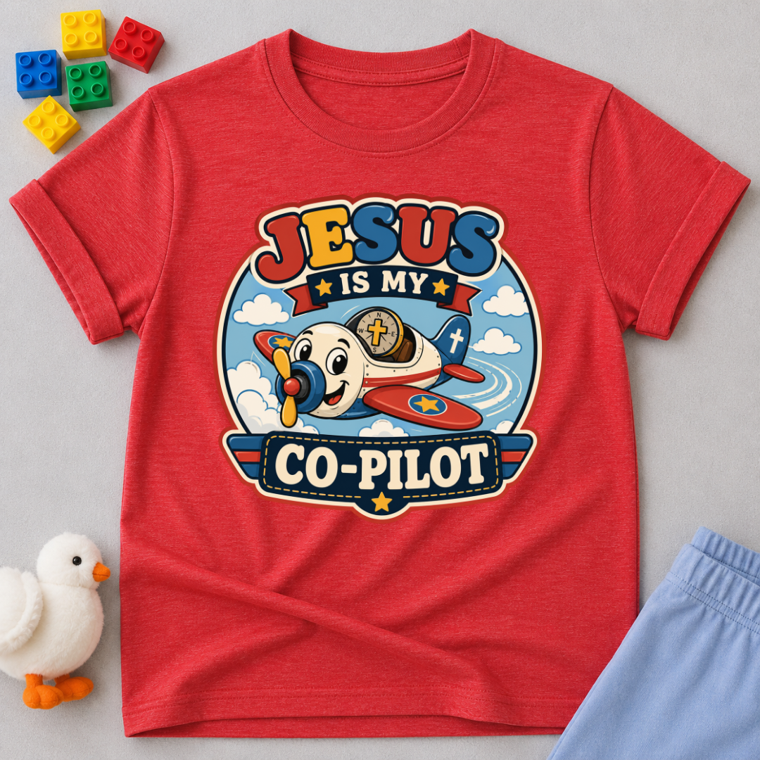Jesus Is My Co-Pilot Christian kids shirt in red featuring an airplane with Jesus guiding the journey
