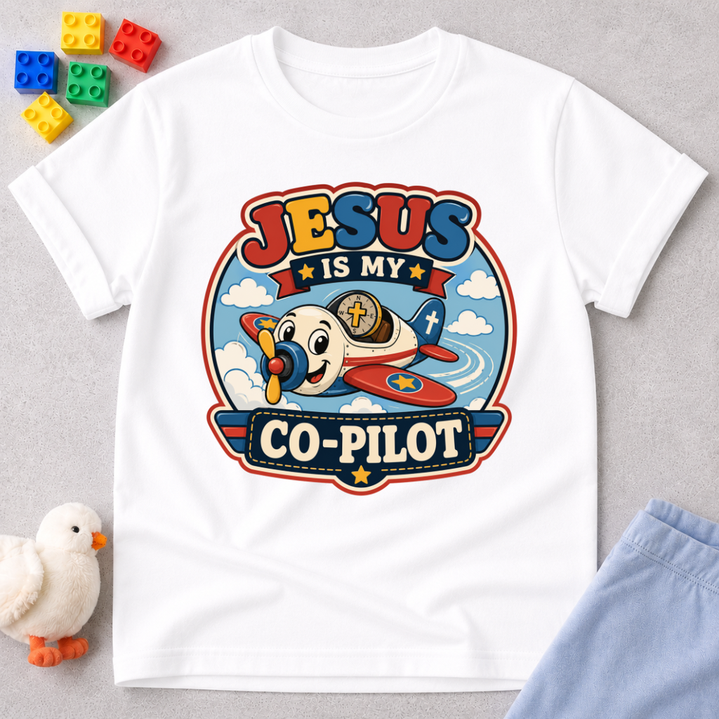 Jesus Is My Co-Pilot Christian kids shirt in white featuring an airplane with Jesus guiding the journey

