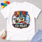 Jesus Is My Co-Pilot Christian kids shirt in white featuring an airplane with Jesus guiding the journey
