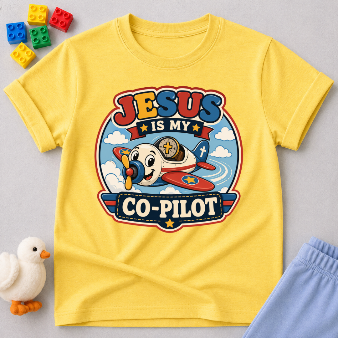 Jesus Is My Co-Pilot Christian kids shirt in yellow featuring an airplane with Jesus guiding the journey
