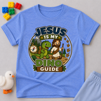 Jesus Is My Dino Guide Christian kids shirt in blue featuring Jesus with friendly dinosaurs
