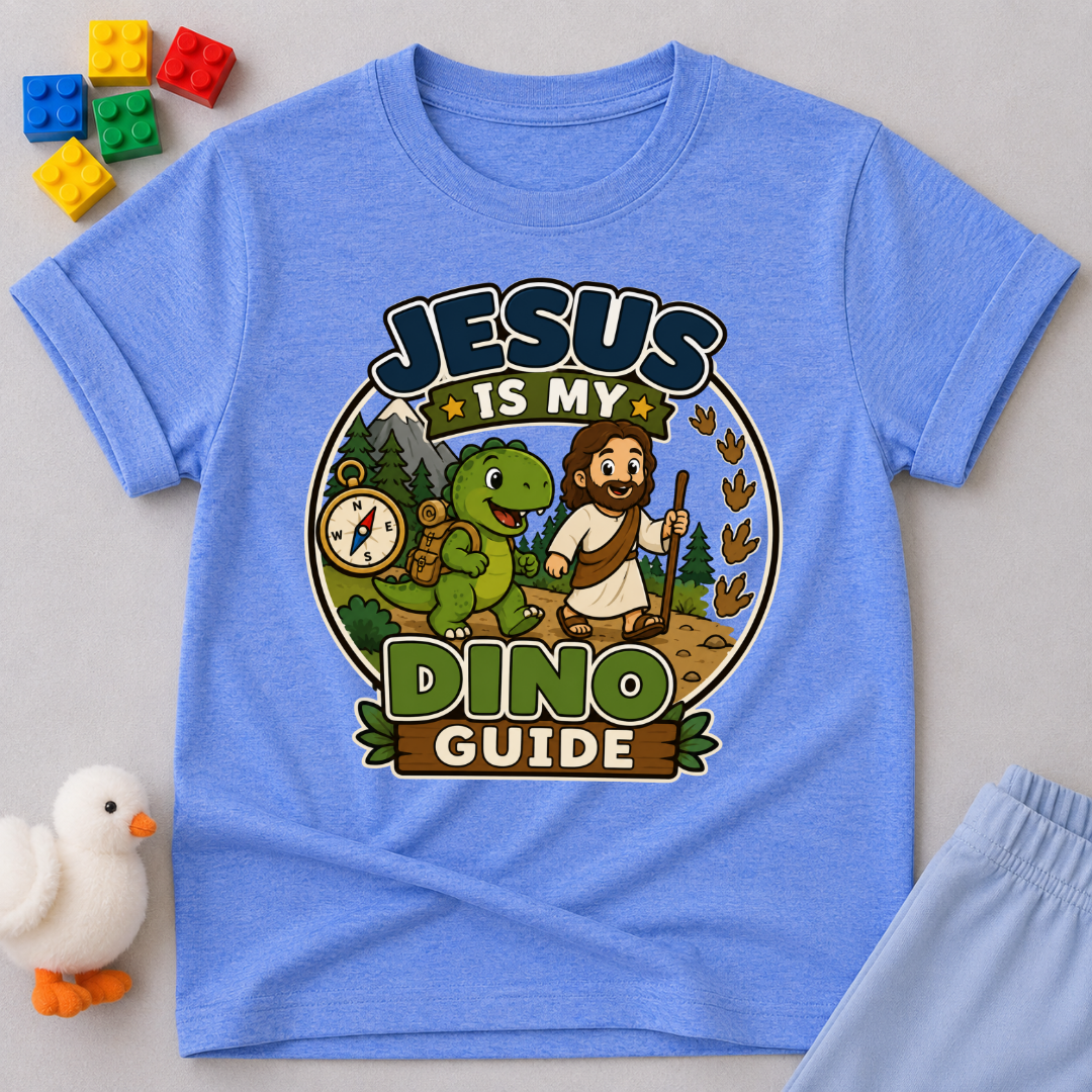Jesus Is My Dino Guide Christian kids shirt in blue featuring Jesus with friendly dinosaurs
